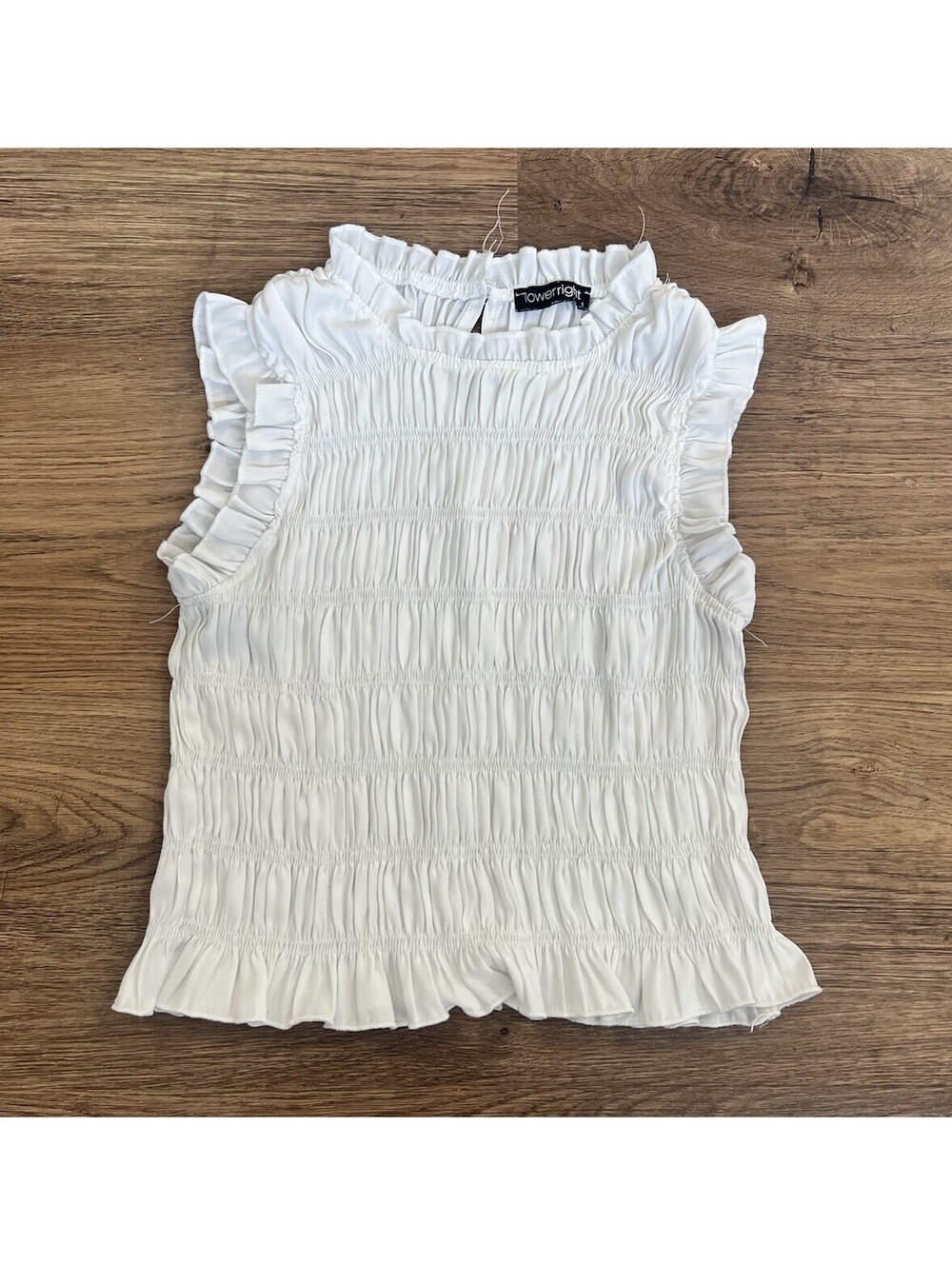 White Fully Smocked Ruffle-Trim Sleeveless Tank Top / Blouse